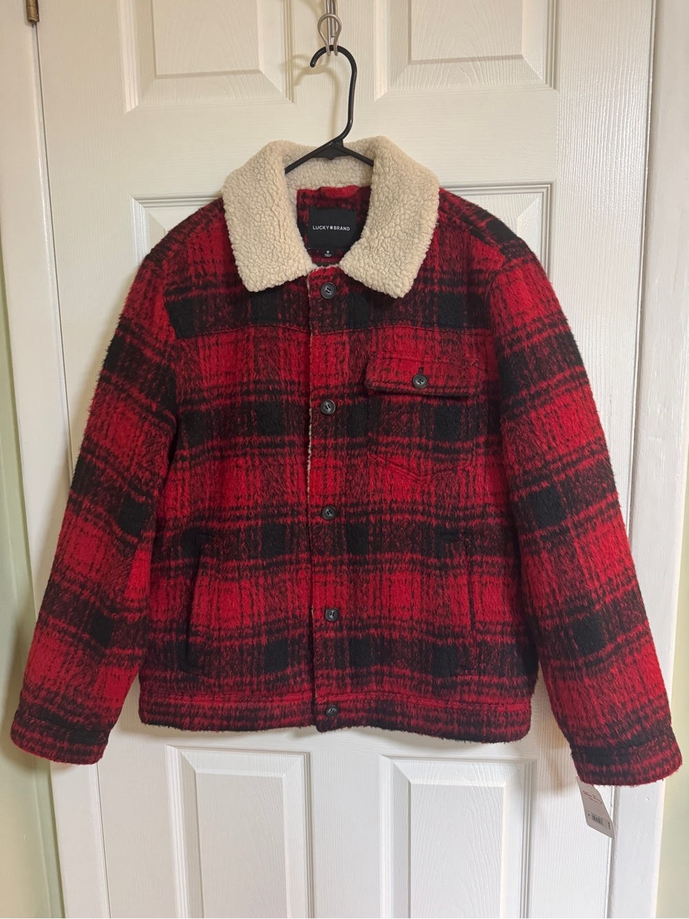 Lucky Brand Men’s Red Plaid Wool/ Sherpa Trucker Jacket M